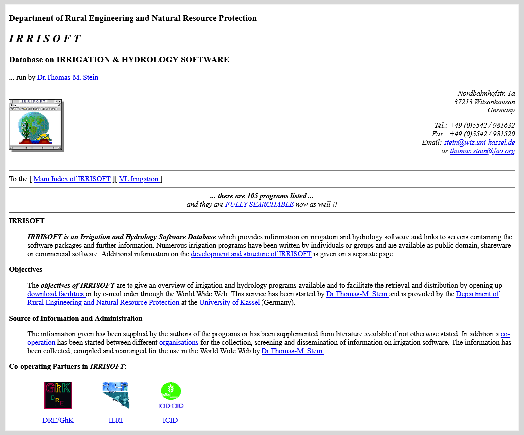 IRRISOFT - Irrigation and Hydrology Software Database as of February 2000 IRRISOFT - Irrigation and Hydrology Software Database as of February 2000
